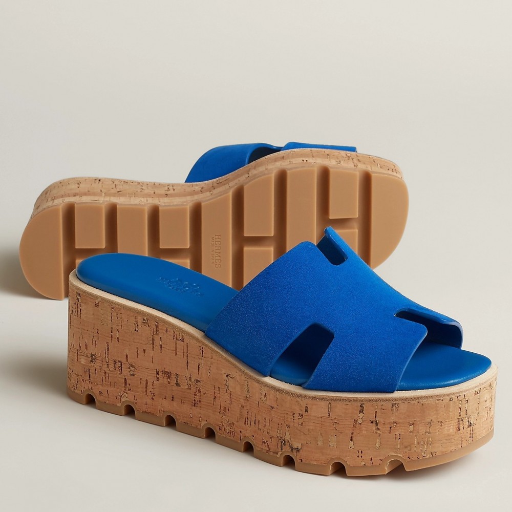 Hermes Eze 30 Cork Platform Sandals in Blue Suede Leather TDSS13104