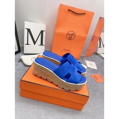 Hermes Eze 30 Cork Platform Sandals in Blue Suede Leather TDSS13104