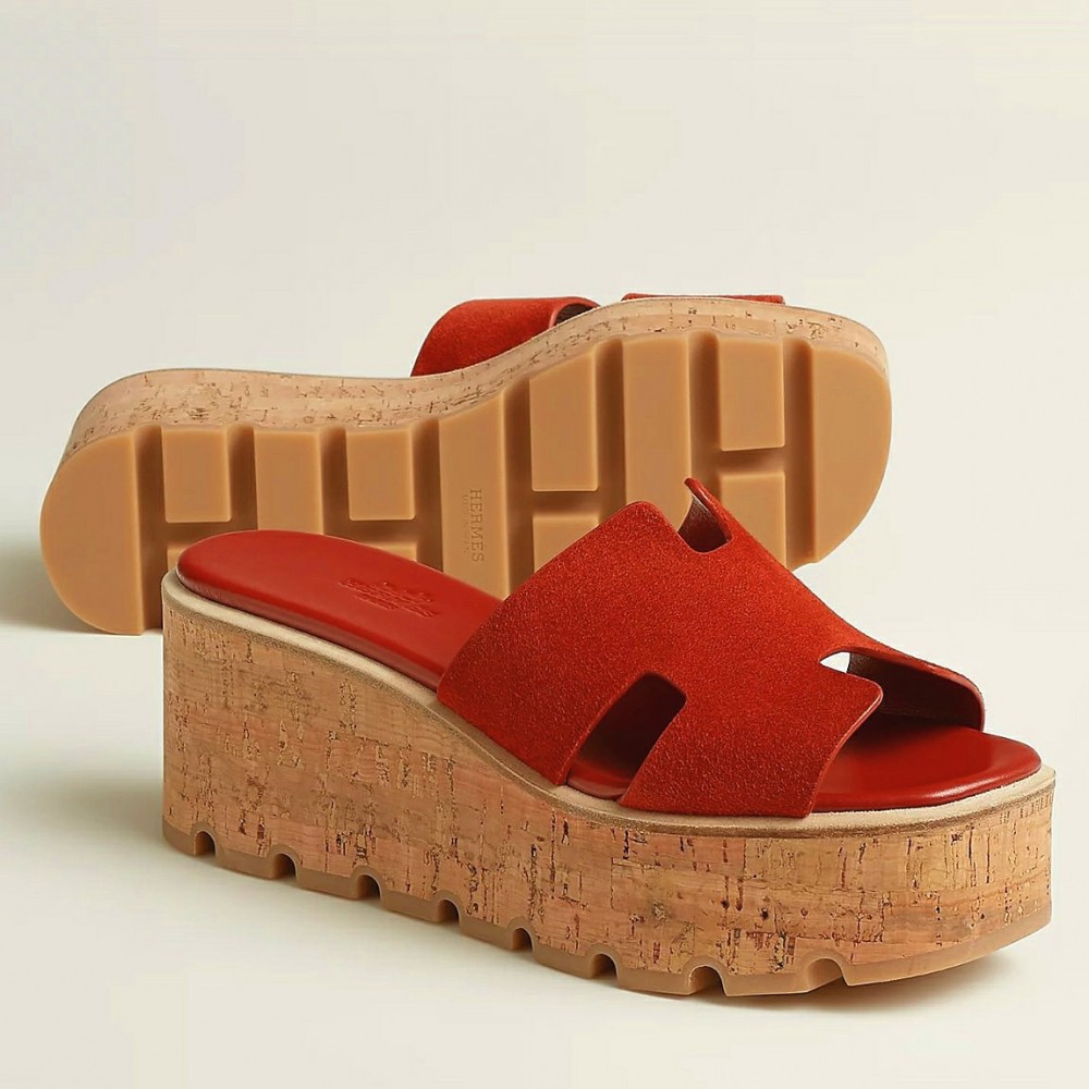 Hermes Eze 30 Cork Platform Sandals in Piment Suede Leather TDSS13105