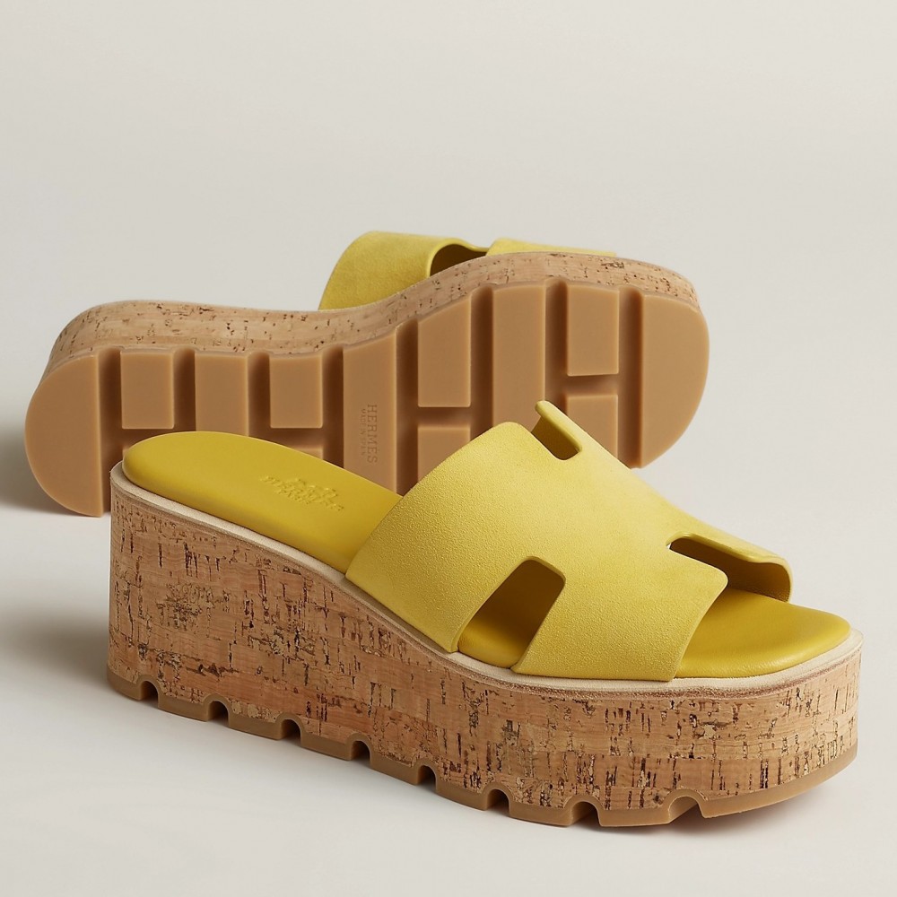 Hermes Eze 30 Cork Platform Sandals in Yellow Suede Leather TDSS13106