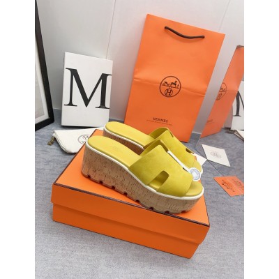 Hermes Eze 30 Cork Platform Sandals in Yellow Suede Leather TDSS13106