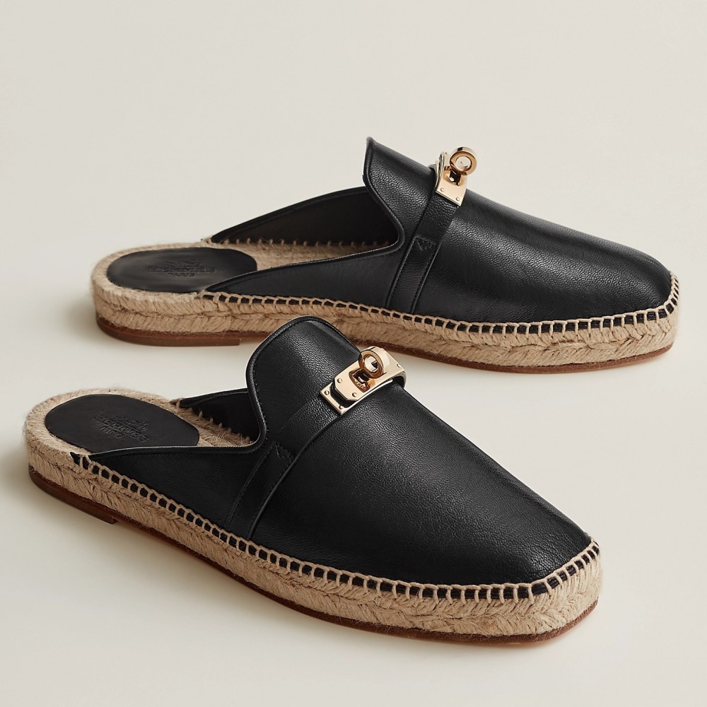 Hermes Feria Espadrille Mules in Black Leather TDSS13107