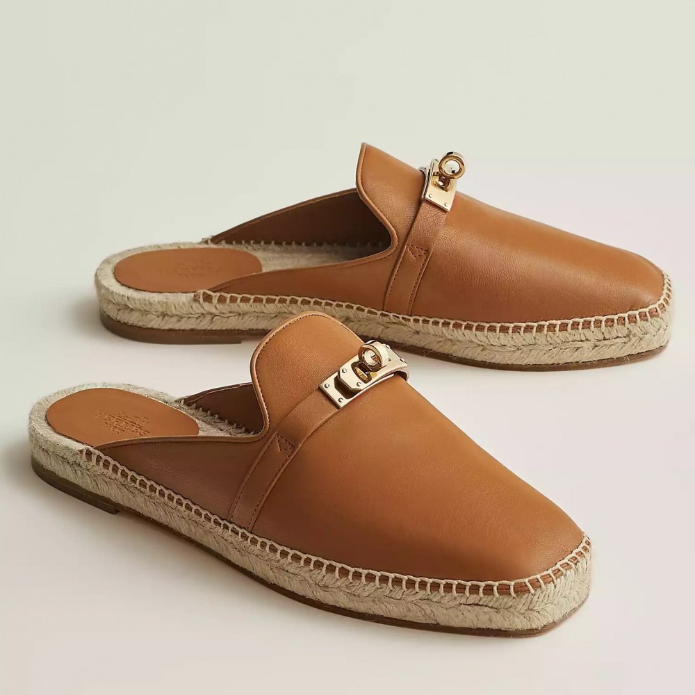 Hermes Feria Espadrille Mules in Brwon Leather TDSS13108