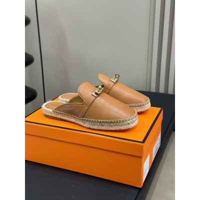 Hermes Feria Espadrille Mules in Brwon Leather TDSS13108