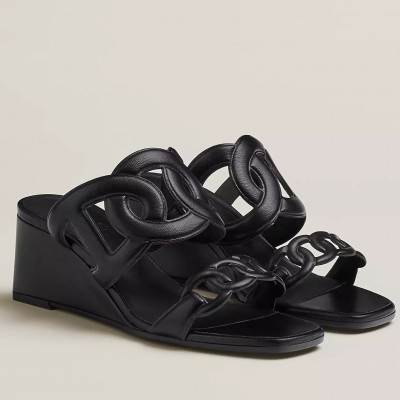 Hermes Figari 55mm Wedge Sandals In Black Nappa Leather TDSS13110