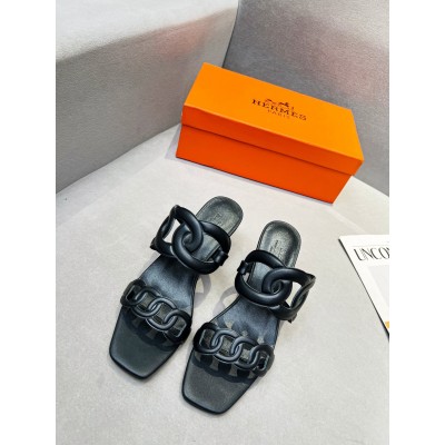 Hermes Figari 55mm Wedge Sandals In Black Nappa Leather TDSS13110