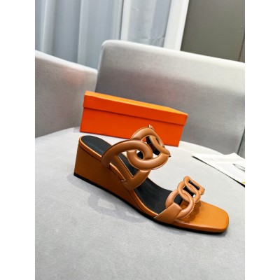 Hermes Figari 55mm Wedge Sandals In Brown Nappa Leather TDSS13111