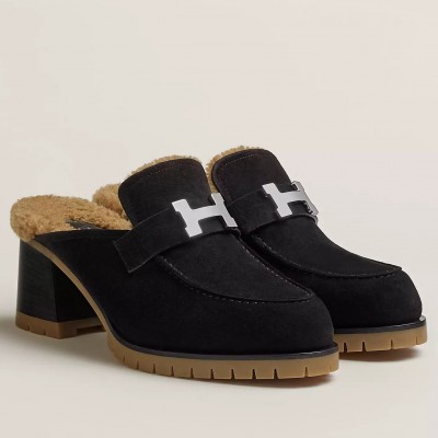 Hermes Flore 60 Mules in Black Suede with Shearling TDSS13113