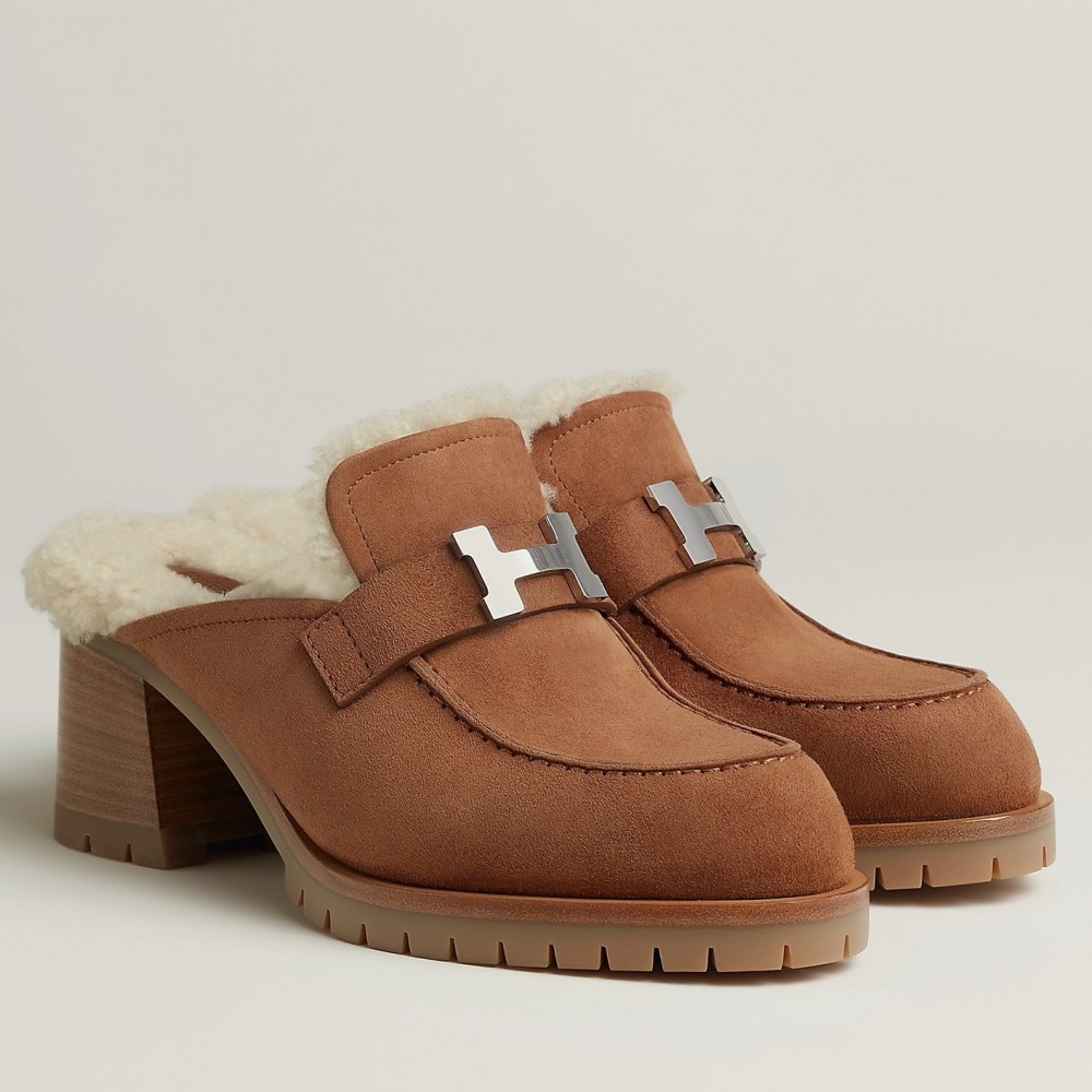 Hermes Flore 60 Mules in Brown Suede with Shearling TDSS13114