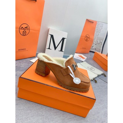 Hermes Flore 60 Mules in Brown Suede with Shearling TDSS13114