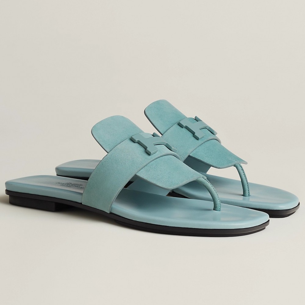 Hermes Galerie Sandals In Vert D'eau Suede Leather TDSS13123