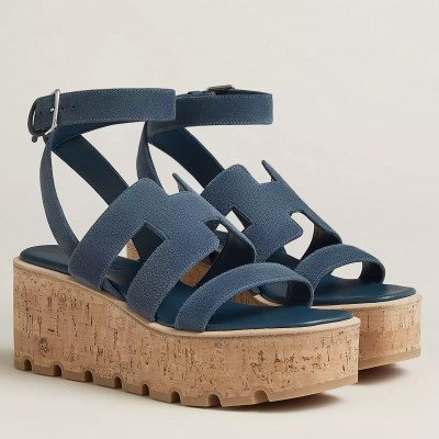 Hermes Havane 30 Sandals in Blue Suede Leather TDSS13130