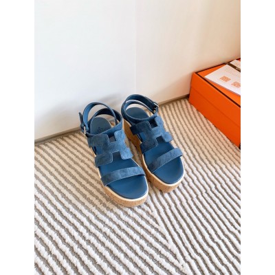 Hermes Havane 30 Sandals in Blue Suede Leather TDSS13130