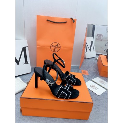 Hermes Heden 80 Sandals in Black Suede Leather with Rhinestone TDSS13133