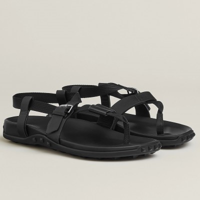 Hermes Inboard Sandals in Black Leather and Ribbon TDSS13143