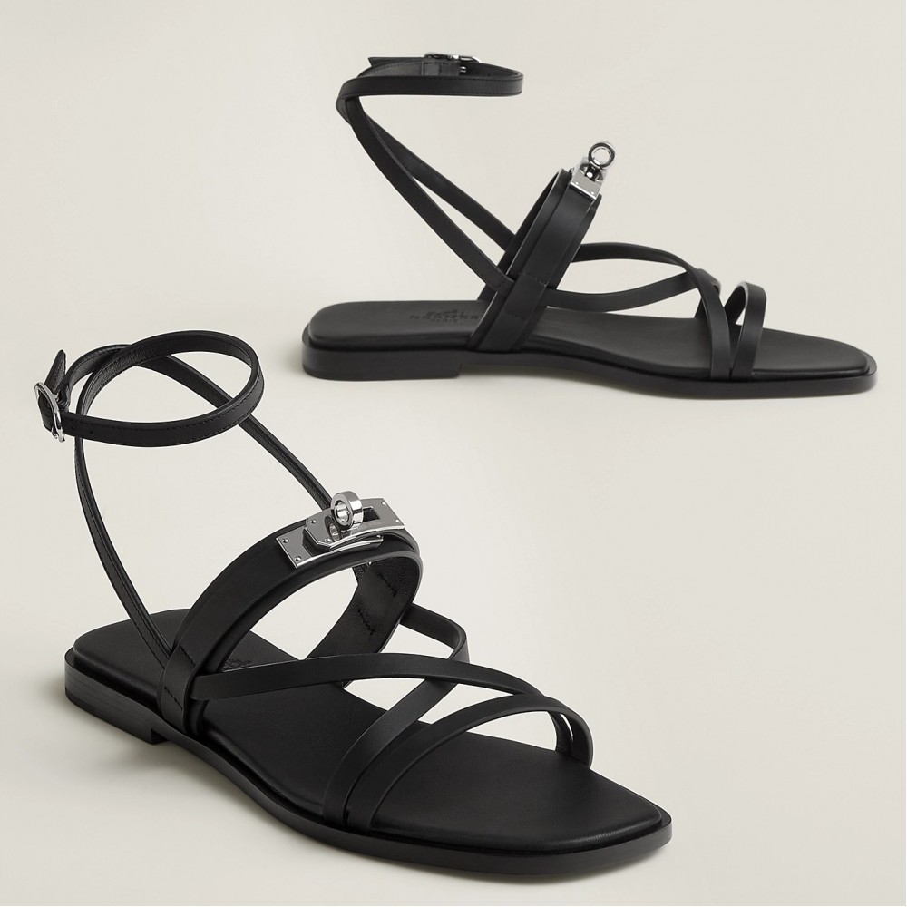 Hermes June Sandals in Black Leather TDSS13154