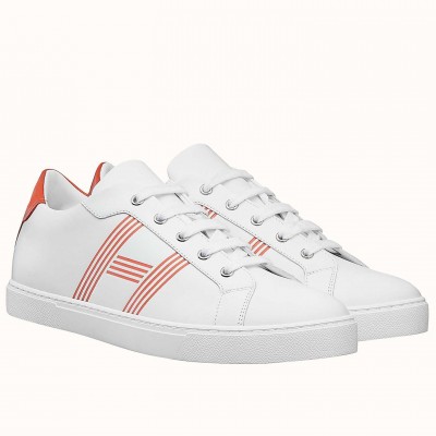 Hermes Avantage Sneakers In White/Orange Calfskin TDSS13165