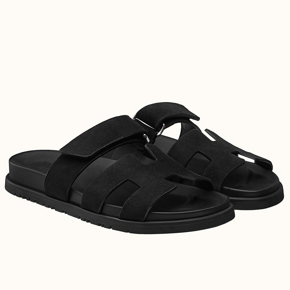 Hermes Chypre Sandals in Black Suede Calfskin TDSS13171