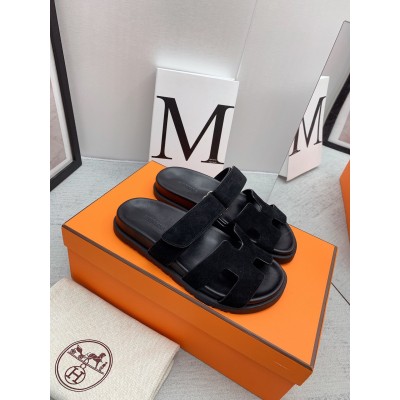 Hermes Chypre Sandals in Black Suede Calfskin TDSS13171