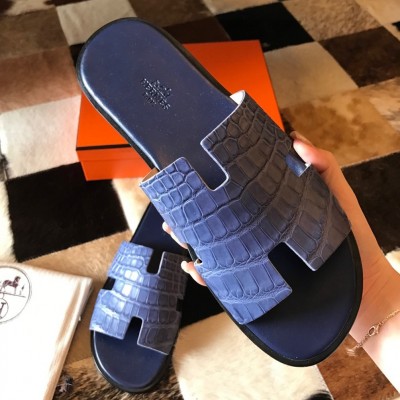 Hermes Izmir Sandals In Blue Matte Niloticus Crocodile Leather TDSS13207