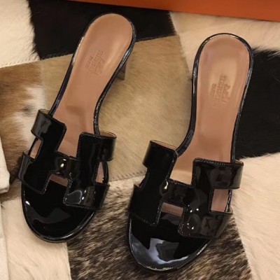 Hermes Oasis Slide Sandals 50mm In Black Patent Calfskin TDSS13243