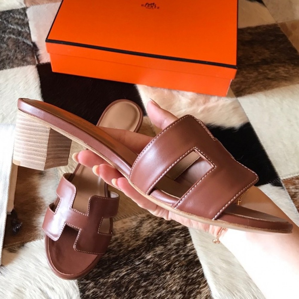 Hermes Oasis Slide Sandals 50mm In Brown Swift Calfskin TDSS13250