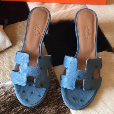 Hermes Oasis Slide Sandals 50mm In Jean Blue Ostrich Leather TDSS13257