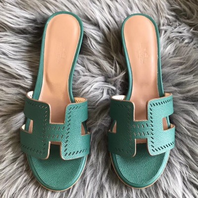 Hermes Oasis Slide Sandals 50mm In Malachite Epsom Perforated Calfskin TDSS13259