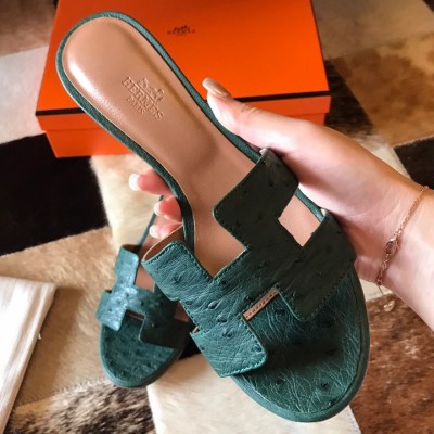 Hermes Oasis Slide Sandals 50mm In Malachite Ostrich Leather TDSS13260