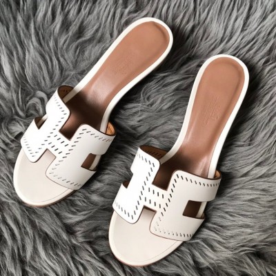 Hermes Oasis Slide Sandals 50mm In White Epsom Perforated Calfskin TDSS13271