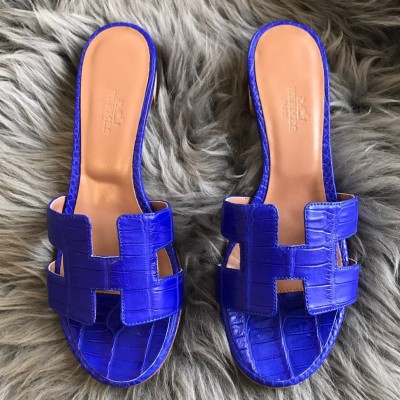 Hermes Oasis Slide Sandals In Blue Electric Niloticus Crocodile Shiny Skin TDSS13278