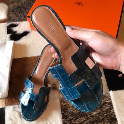 Hermes Oasis Slide Sandals In Blue Niloticus Crocodile Shiny Skin TDSS13279