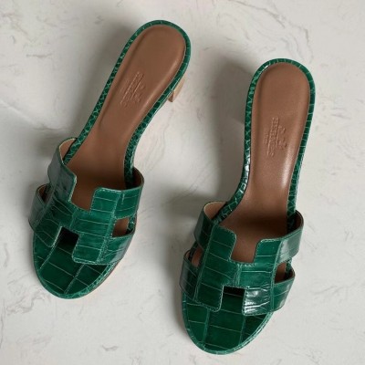 Hermes Oasis Slide Sandals In Green Niloticus Crocodile Shiny Skin TDSS13282