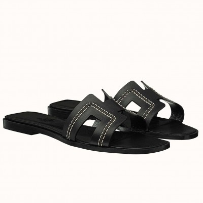 Hermes Oran Slide Sandals In Black Leather With Stitched TDSS13296