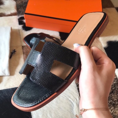 Hermes Oran Slide Sandals In Black Lizard Leather TDSS13297