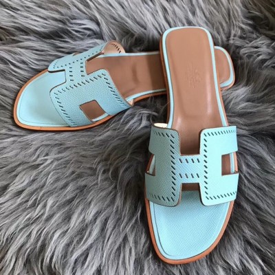 Hermes Oran Slide Sandals In Blue Atoll Epsom Perforated Calfskin TDSS13305