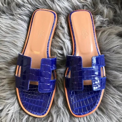 Hermes Oran Slide Sandals In Blue Electric Shiny Niloticus Crocodile Skin TDSS13309