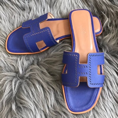 Hermes Oran Slide Sandals In Blue Epsom Perforated Calfskin TDSS13310