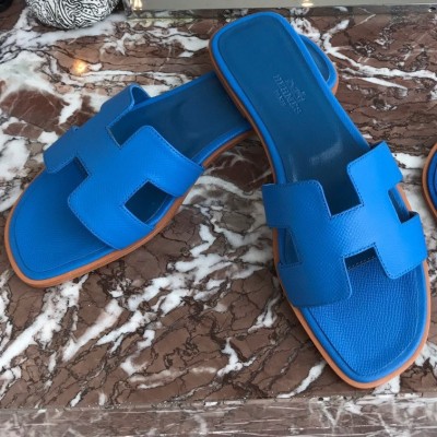 Hermes Oran Slide Sandals In Blue Hydra Epsom Calfskin TDSS13311