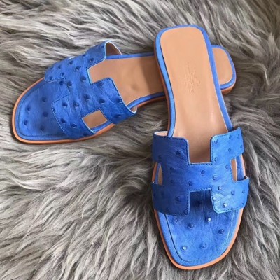 Hermes Oran Slide Sandals In Blue Hydra Ostrich Leather TDSS13312