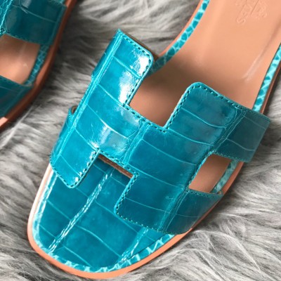 Hermes Oran Slide Sandals In Blue Paon Shiny Niloticus Crocodile Skin TDSS13317