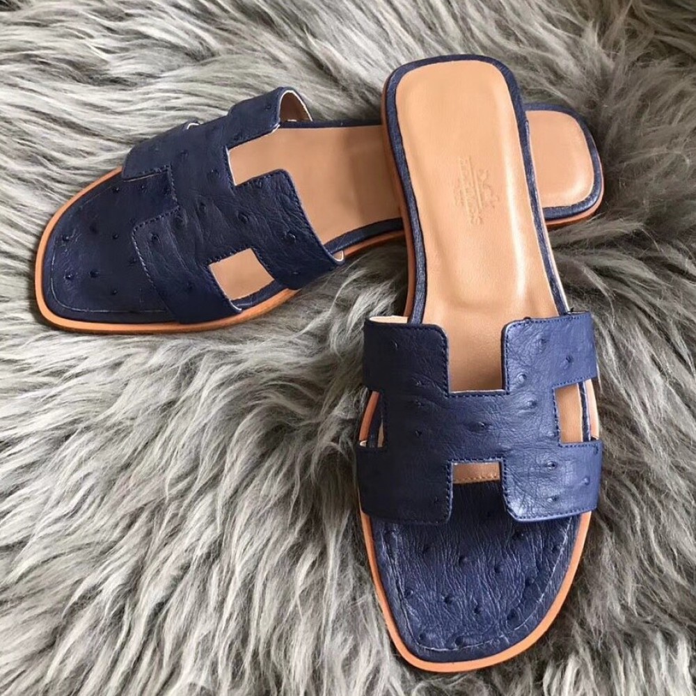 Hermes Oran Slide Sandals In Blue Roy Ostrich Leather TDSS13319