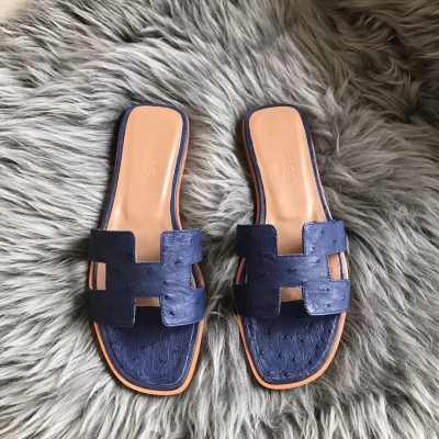 Hermes Oran Slide Sandals In Blue Roy Ostrich Leather TDSS13319