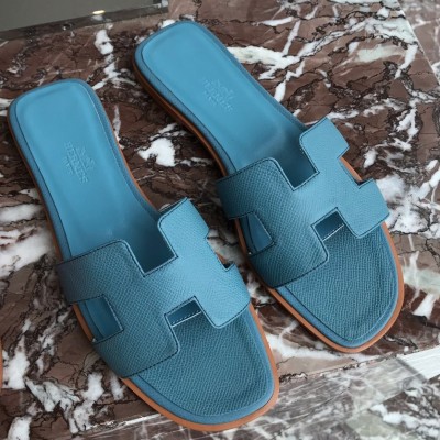 Hermes Oran Slide Sandals In Blue du Nord Epsom Calfskin TDSS13307