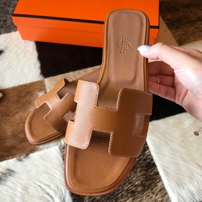 Hermes Oran Slide Sandals In Brown Epsom Calfskin TDSS13322