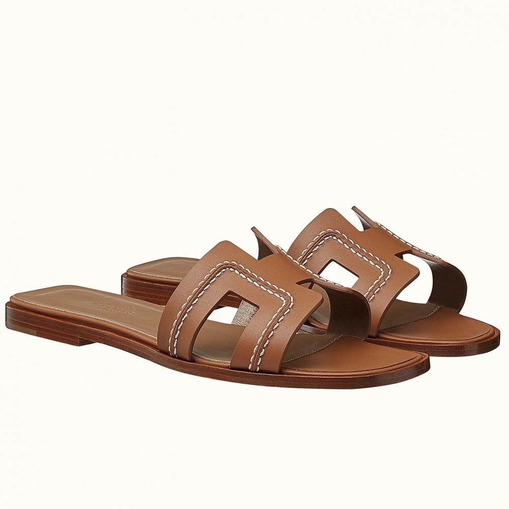 Hermes Oran Slide Sandals In Brown Leather With Stitched TDSS13323