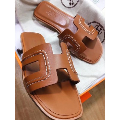 Hermes Oran Slide Sandals In Brown Leather With Stitched TDSS13323