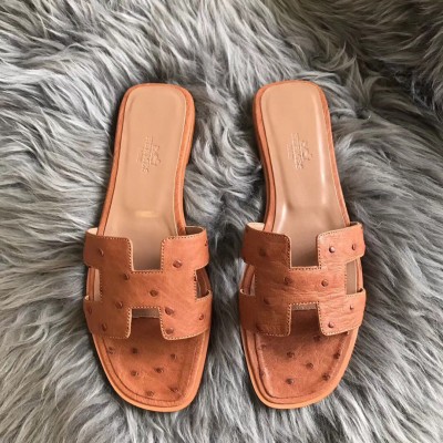 Hermes Oran Slide Sandals In Brown Ostrich Leather TDSS13324