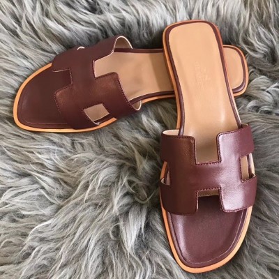 Hermes Oran Slide Sandals In Burgundy Swift Calfskin TDSS13327