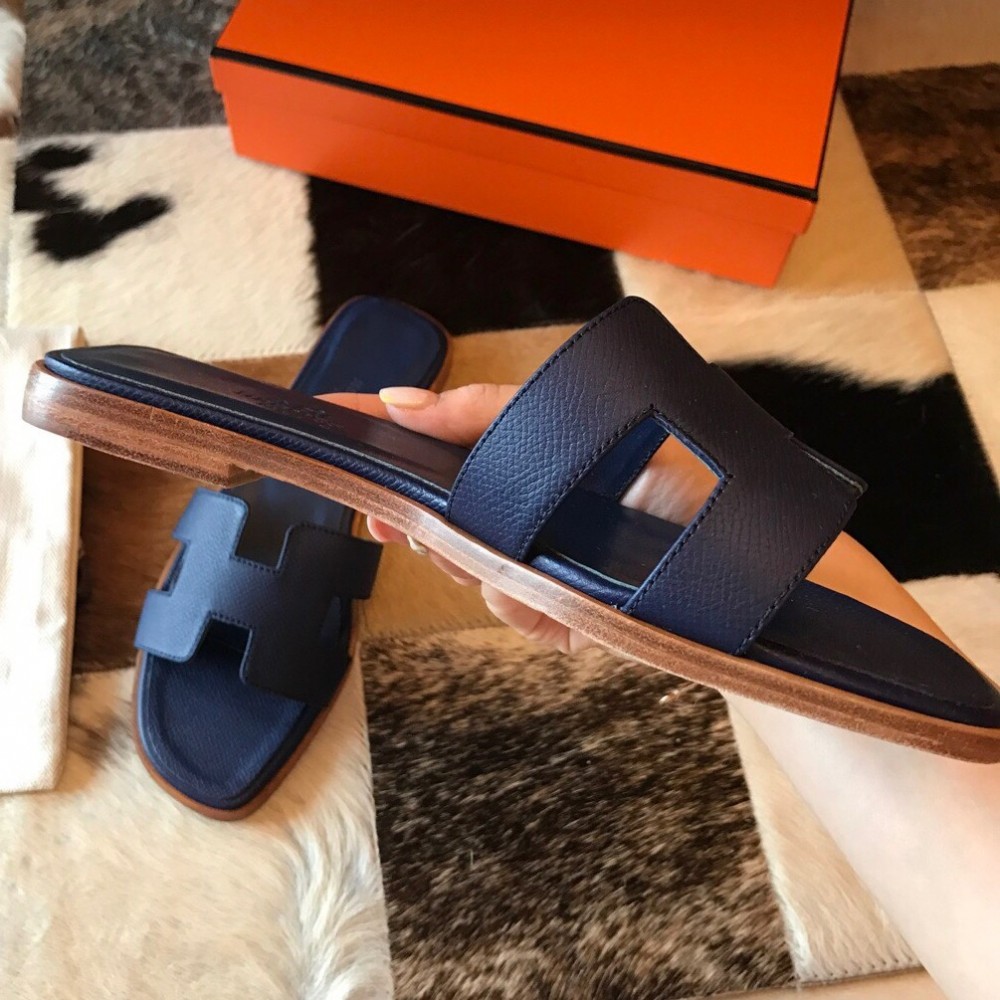 Hermes Oran Slide Sandals In Deep Blue Epsom Calfskin TDSS13330